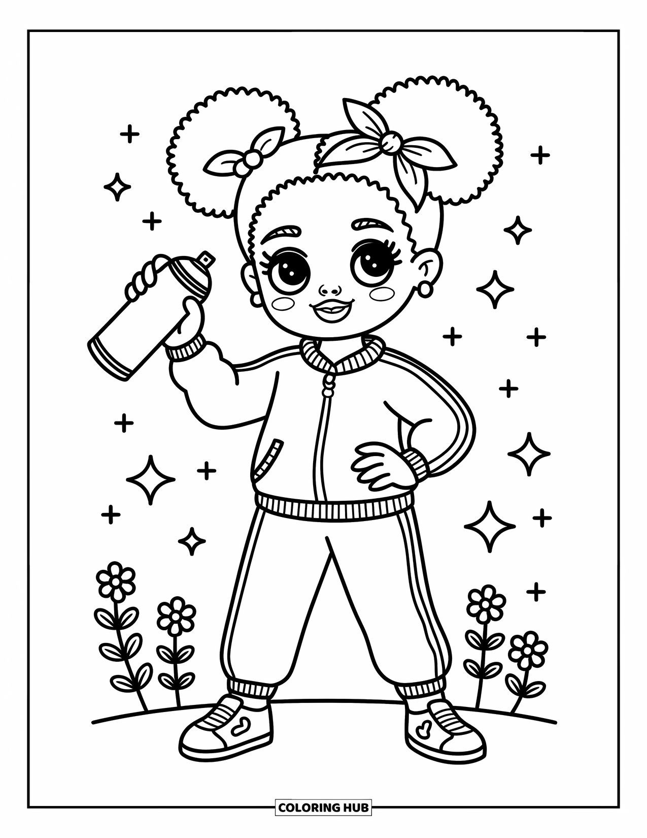 Gangsta Black Girl Coloring Page for Adults: Girl in striped tracksuit with spray can and cute bandana, ready to tag