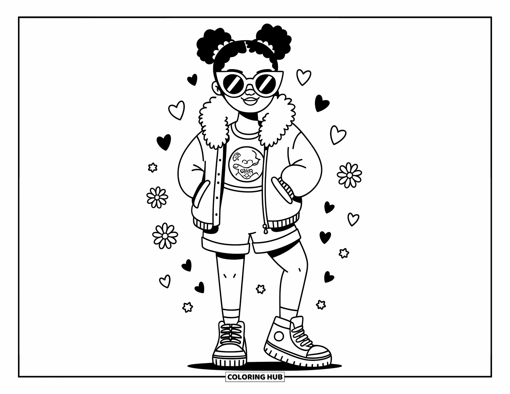 Gangsta Black Girl Coloring Page for Adults: Playful girl in fur-trimmed jacket and shades surrounded by tiny hearts and stars