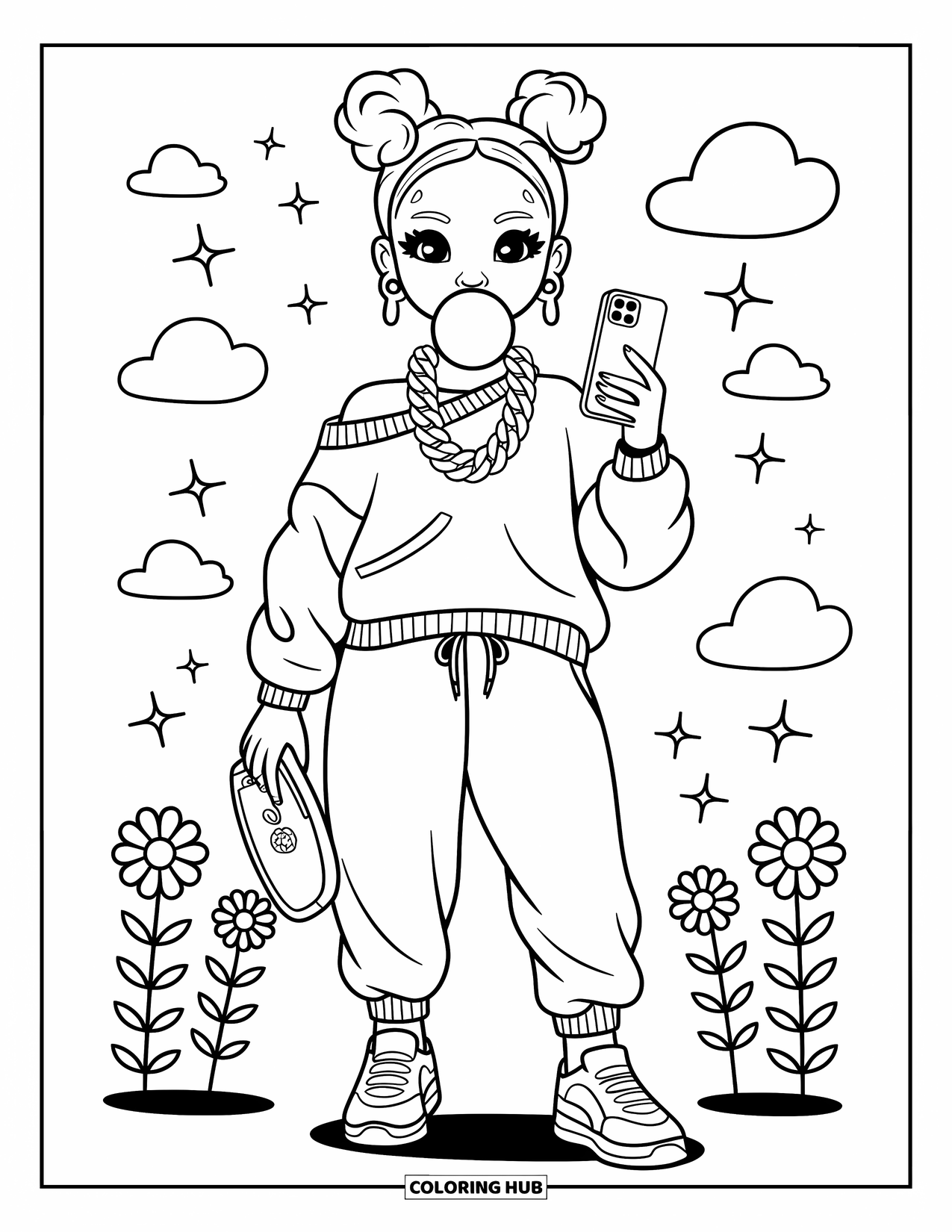 Gangsta Black Girl Coloring Page for Adults: Playful girl with bubblegum and phone surrounded by clouds and tiny flowers