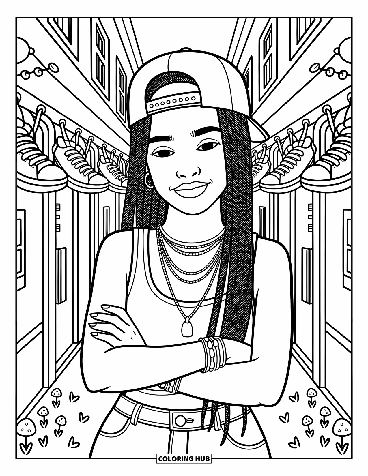 Gangsta Black Girl Coloring Page for Adults: Smirking girl with box braids and snapback standing in a sneaker-filled alley