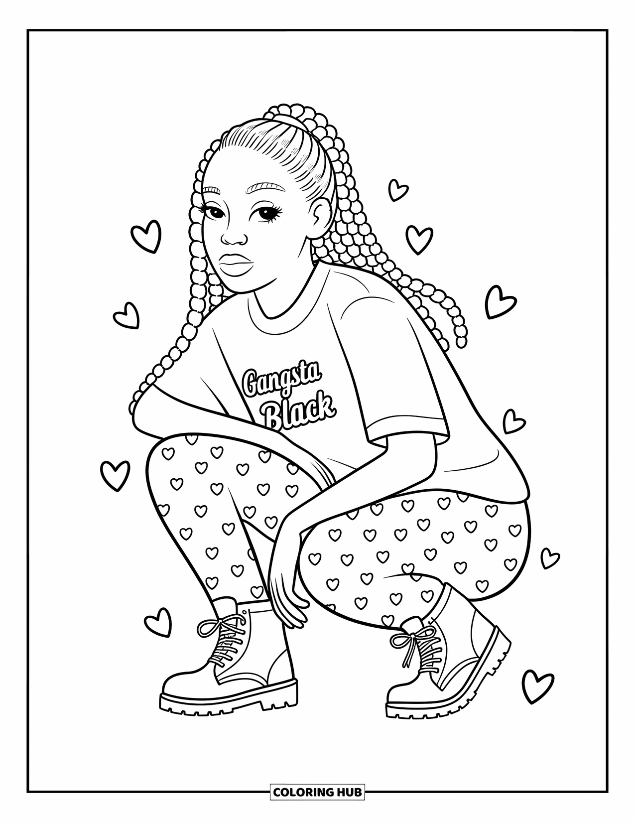Gangsta Black Girl Coloring Page for Adults: Squatting girl in tee and boots surrounded by stars and hearts in a cozy scene