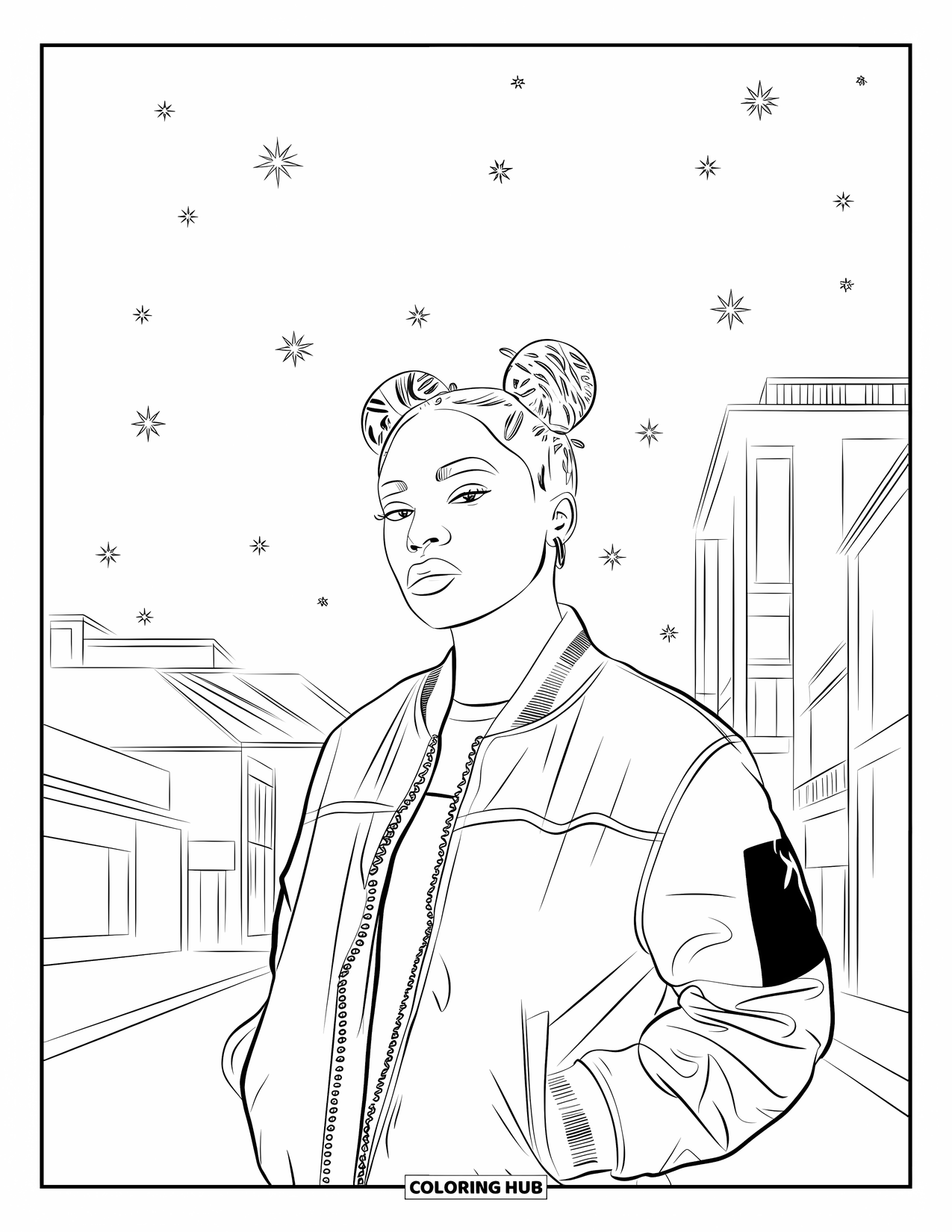 Gangsta Black Girl Coloring Page for Adults: Stylish woman with buns and jacket standing beneath stars and unique buildings
