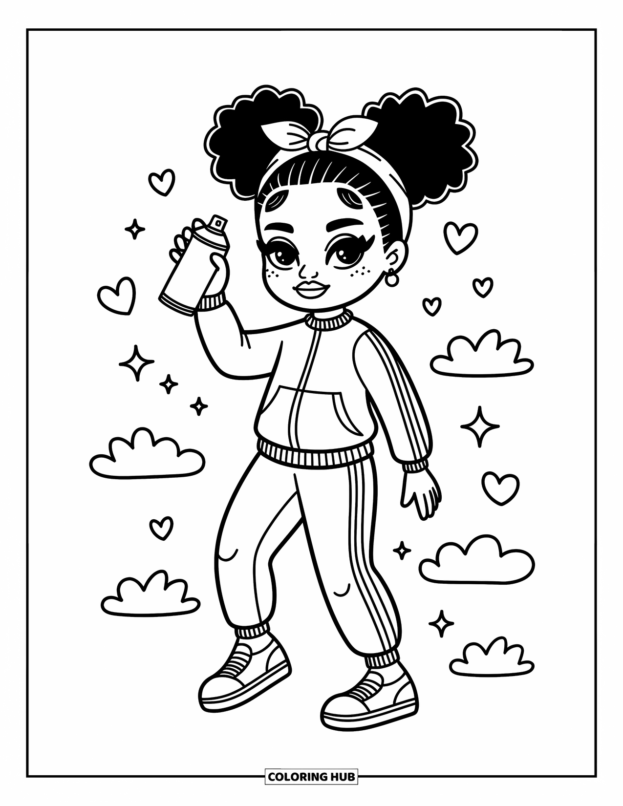 Gangsta Black Girl Coloring Page for Adults: Tracksuit girl with spray can in a dreamy world of clouds and mini doodles