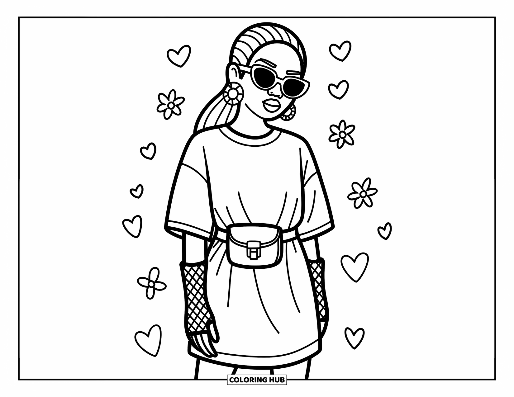 Gangsta Black Girl Coloring Page for Adults: Trendy girl in an oversized tee and fishnet gloves making a cute sideways glance