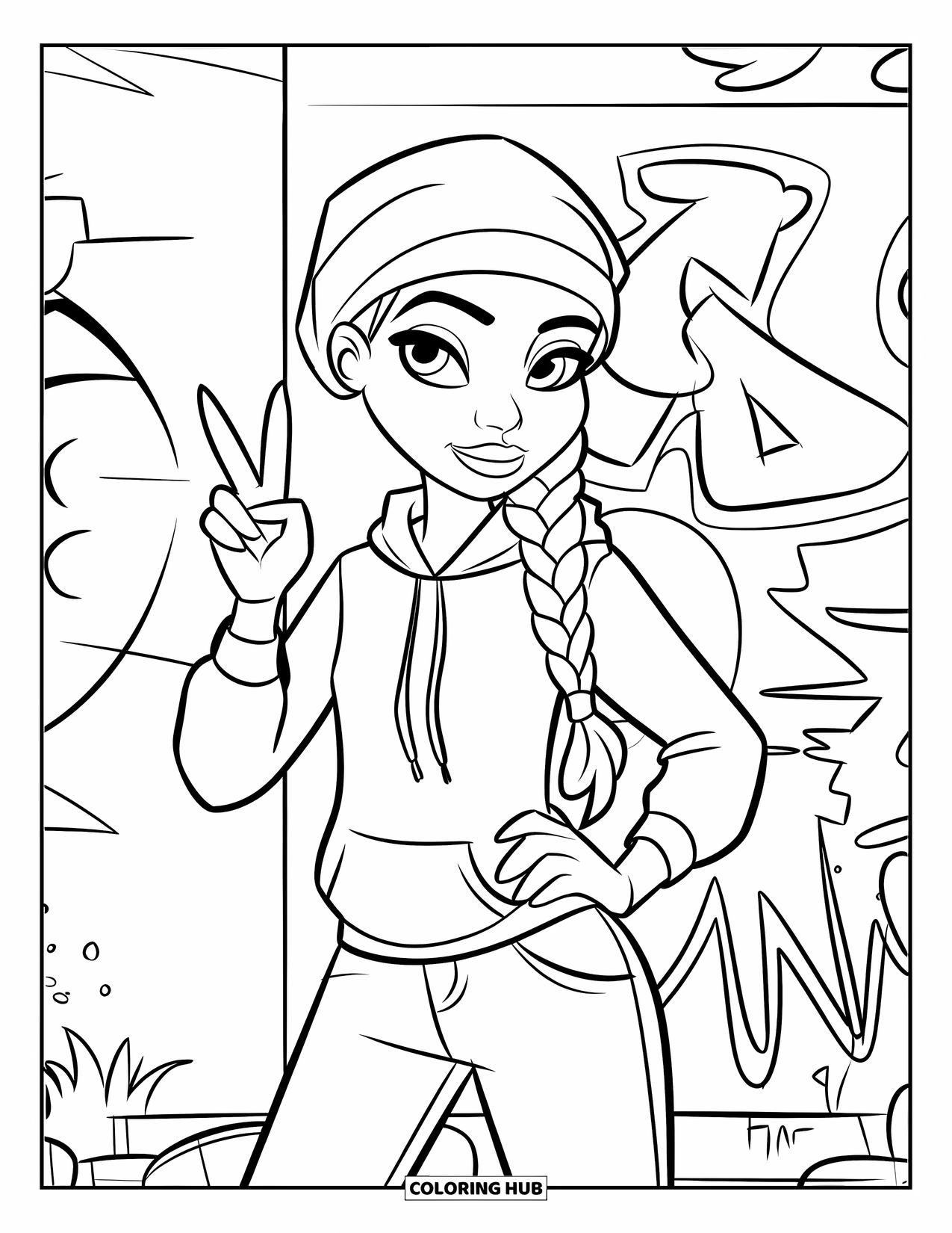 Gangsta Black Girl Coloring Page for Kids: Bold girl flashing a peace sign, wearing a hoodie and a long braid