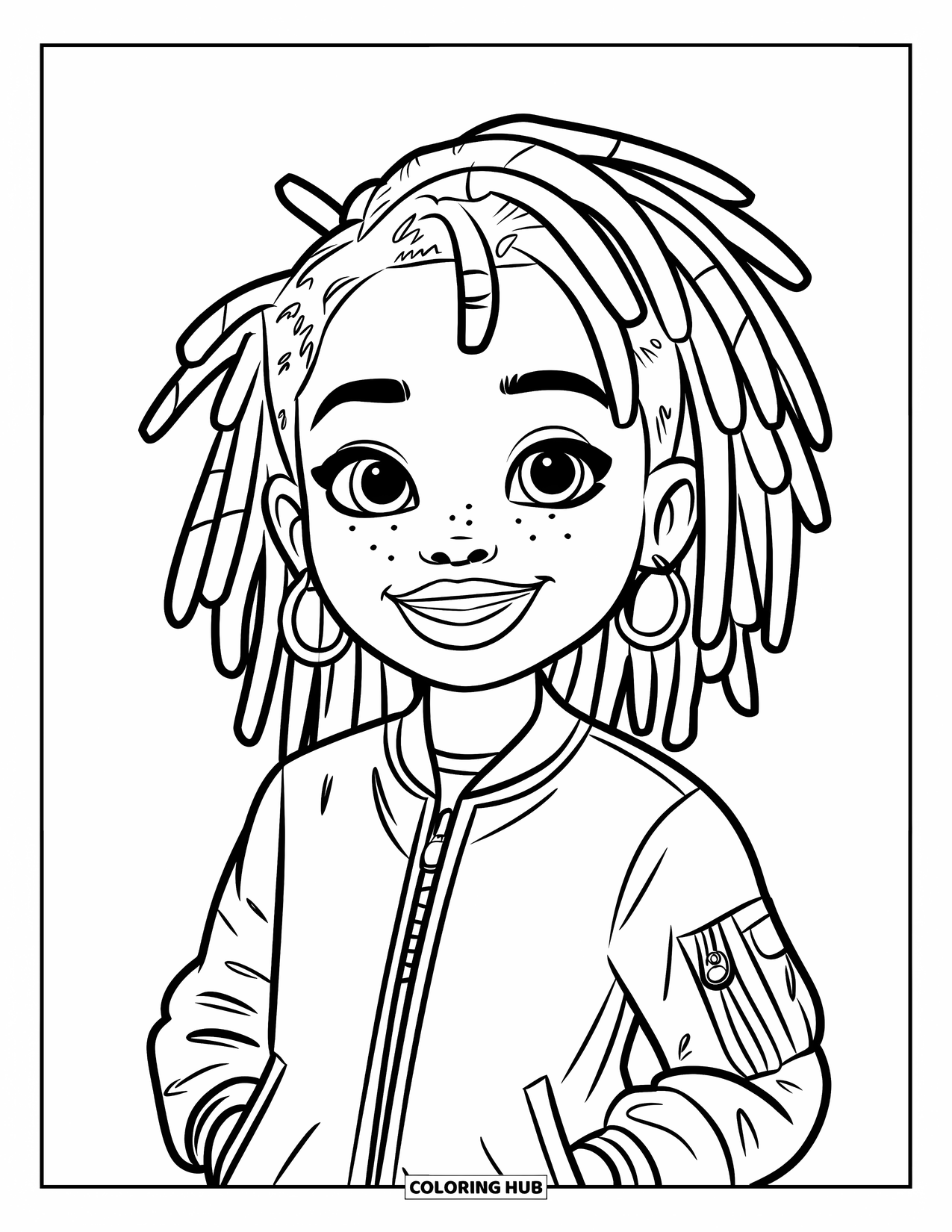 Gangsta Black Girl Coloring Page for Kids: Cheerful girl with dreadlocks, bomber jacket, and a big smile