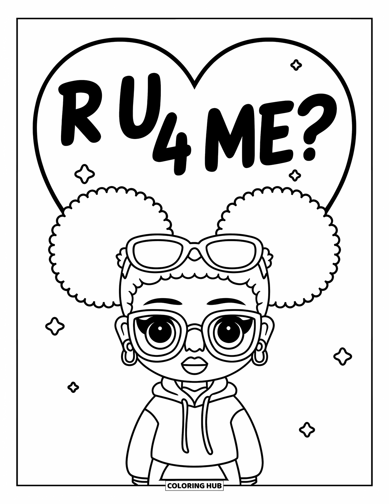 Gangsta Black Girl Coloring Page for Kids: Chibi girl in hoodie and sunglasses by a heart that says "R U 4 Me?"
