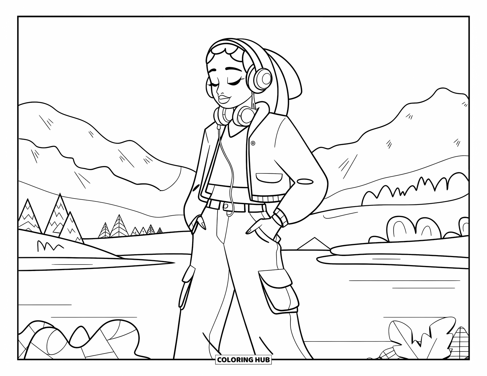 Gangsta Black Girl Coloring Page for Kids: Chill girl with headphones, enjoying music in a peaceful mountain scene