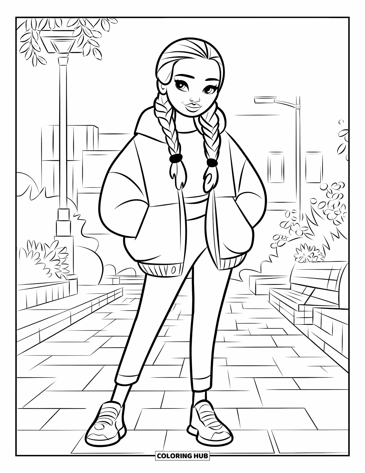 Gangsta Black Girl Coloring Page for Kids: City girl in oversized jacket near plants, lamp post, and brick pavement