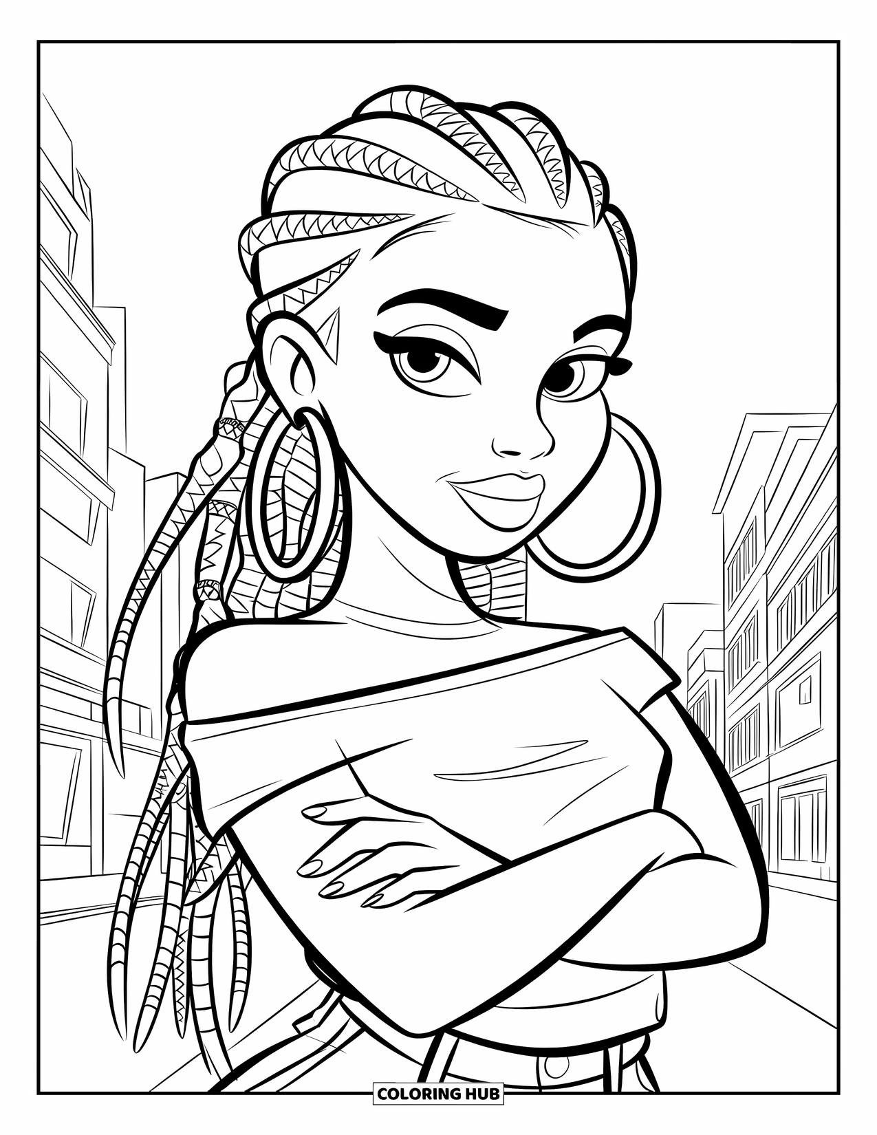 Gangsta Black Girl Coloring Page for Kids: Confident girl in city setting with braids, beads, and hoop earrings