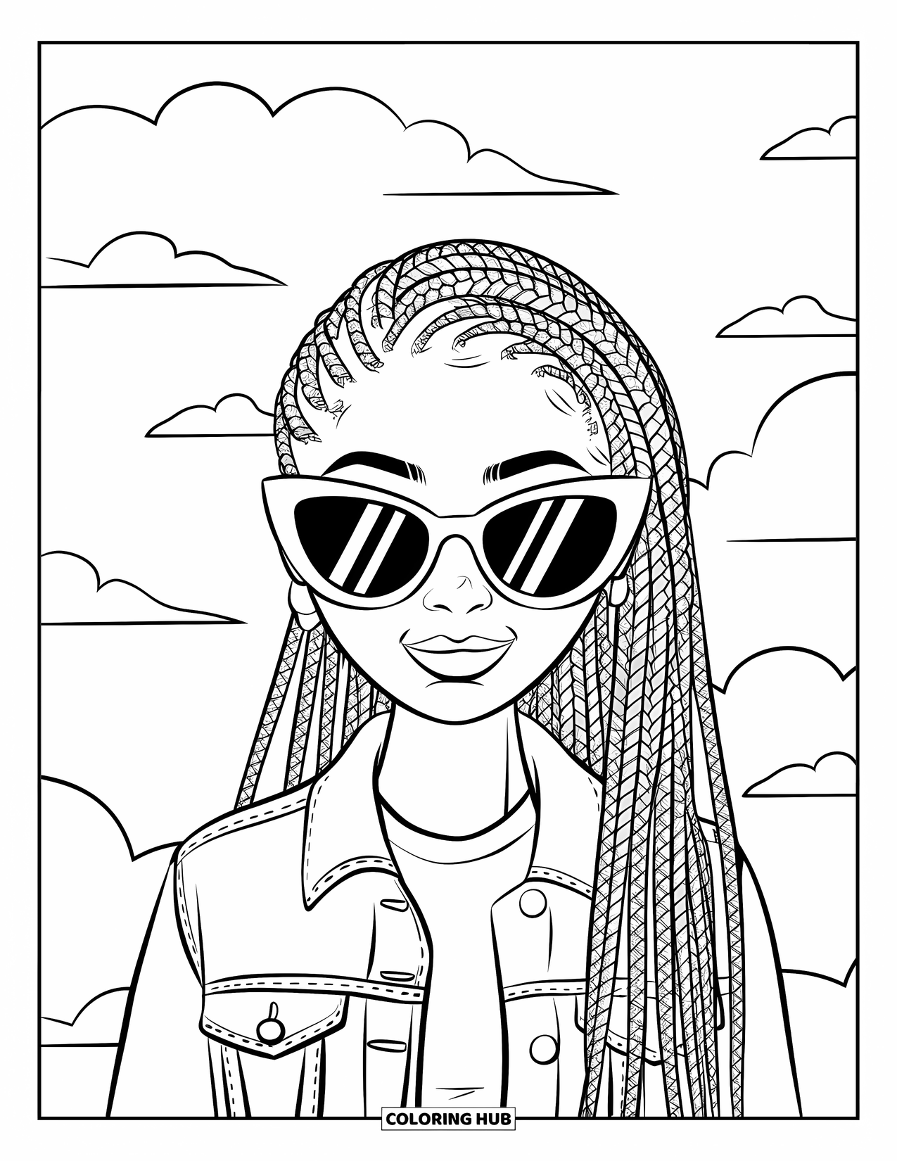 Gangsta Black Girl Coloring Page for Kids: Cool girl with braids, cat-eye sunglasses, and denim jacket under a cloudy sky