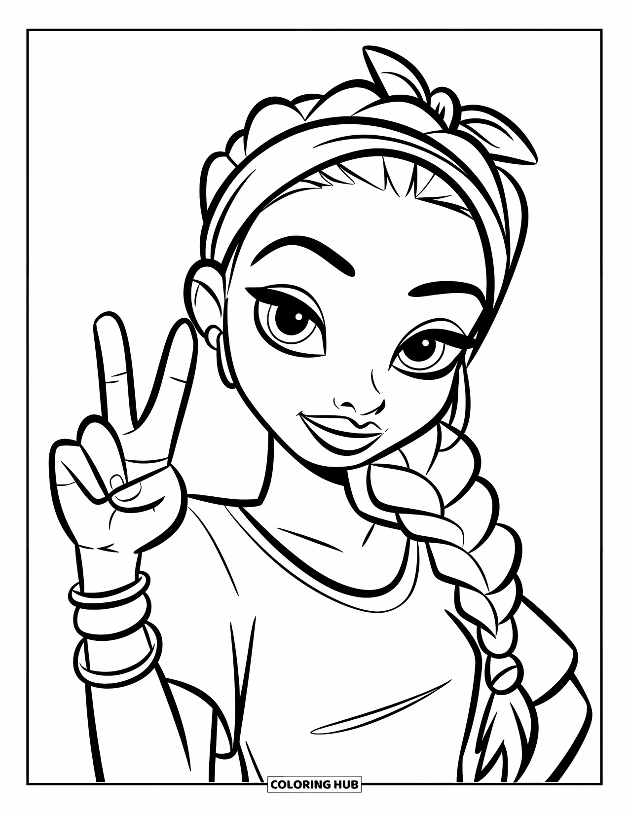 Gangsta Black Girl Coloring Page for Kids: Cool girl with long braid and bandana making a peace sign