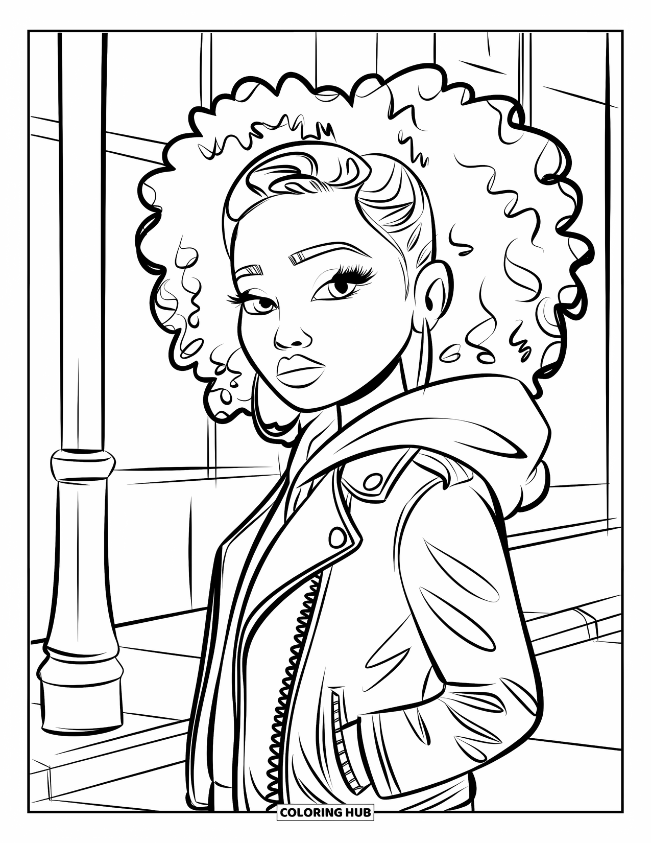 Gangsta Black Girl Coloring Page for Kids: Curly-haired girl in a leather jacket posing on a city street