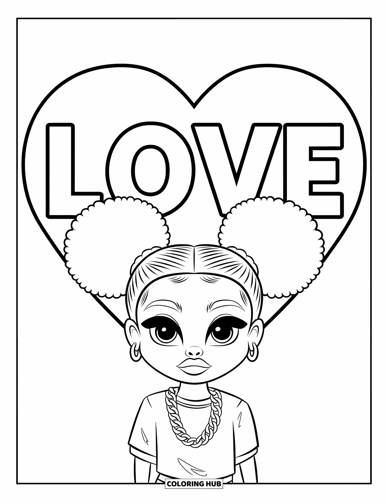 Gangsta Black Girl Coloring Page for Kids: Cute chibi girl with afro puffs and a heart that says "Love"