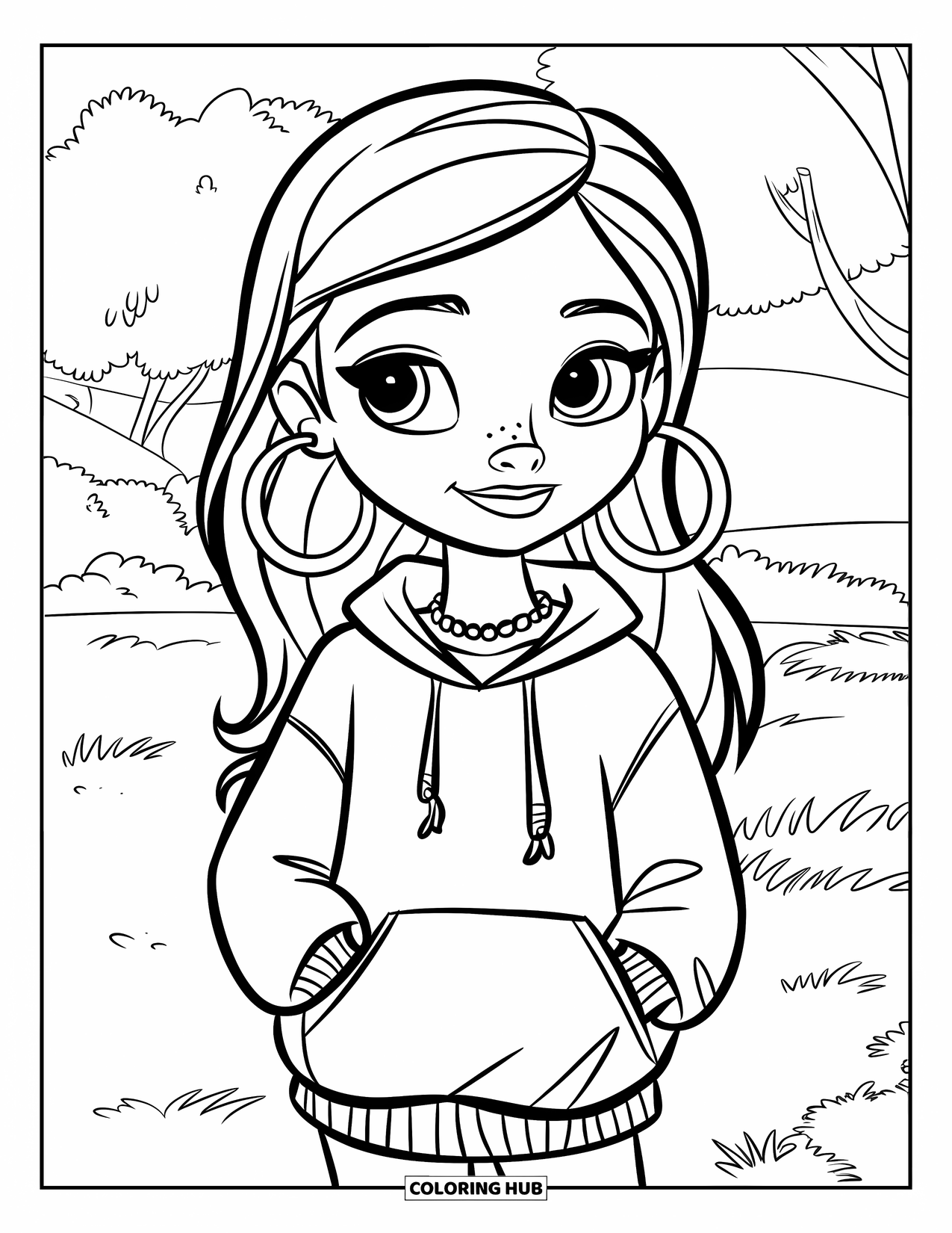 Gangsta Black Girl Coloring Page for Kids: Cute girl in hoodie and necklace standing on grass near trees