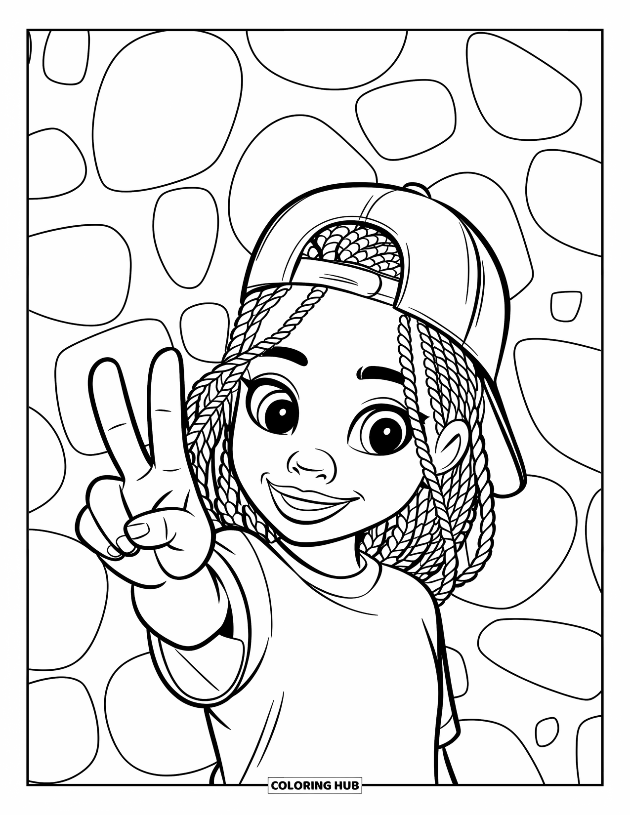 Gangsta Black Girl Coloring Page for Kids: Girl in orange shirt and cap smiling with a peace sign and round shapes behind her