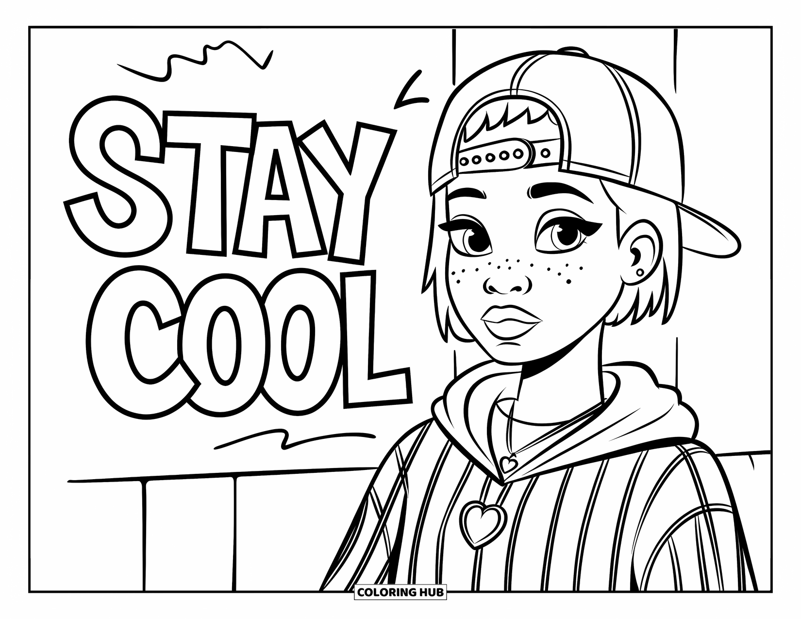 Gangsta Black Girl Coloring Page for Kids: Girl in striped hoodie and cap by a wall that says "Stay cool"