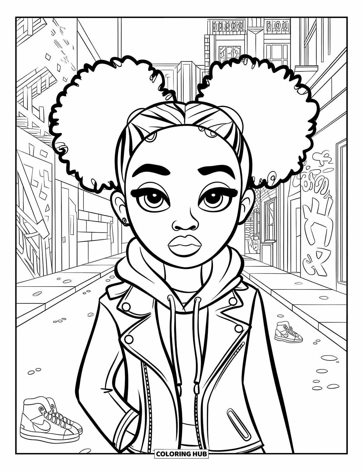 Gangsta Black Girl Coloring Page for Kids: Girl with big curls and leather jacket standing near graffitied walls and sneakers