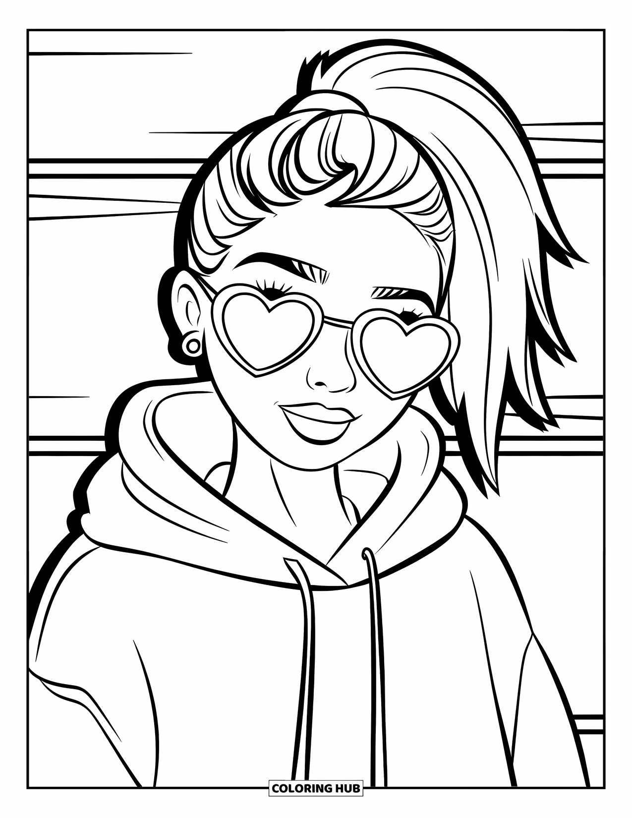 Gangsta Black Girl Coloring Page for Kids: Happy girl in hoodie and heart shades standing by a white wall