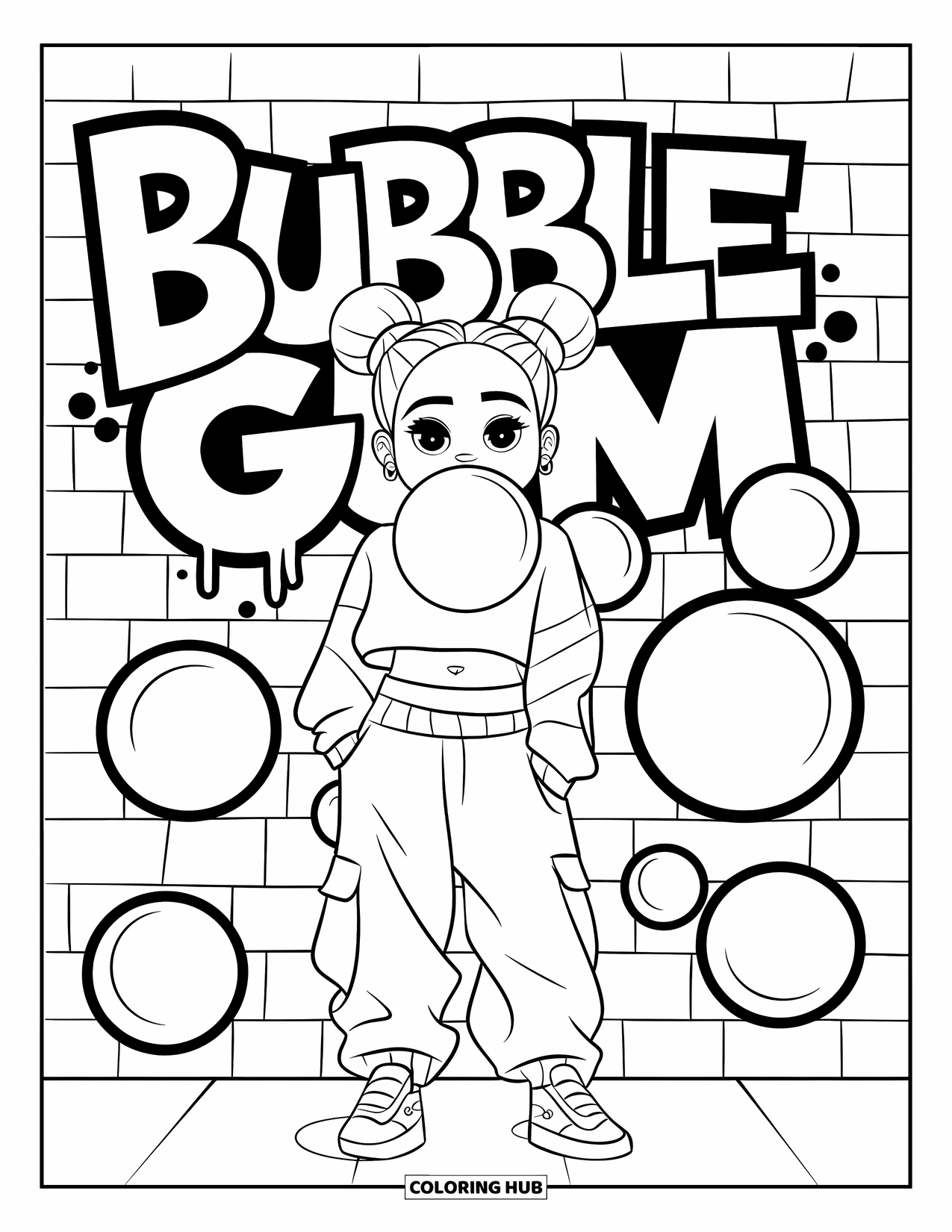 Gangsta Black Girl Coloring Page for Kids: Happy girl surrounded by bubble gum bubbles and graffiti that says "BUBBLE GUM"