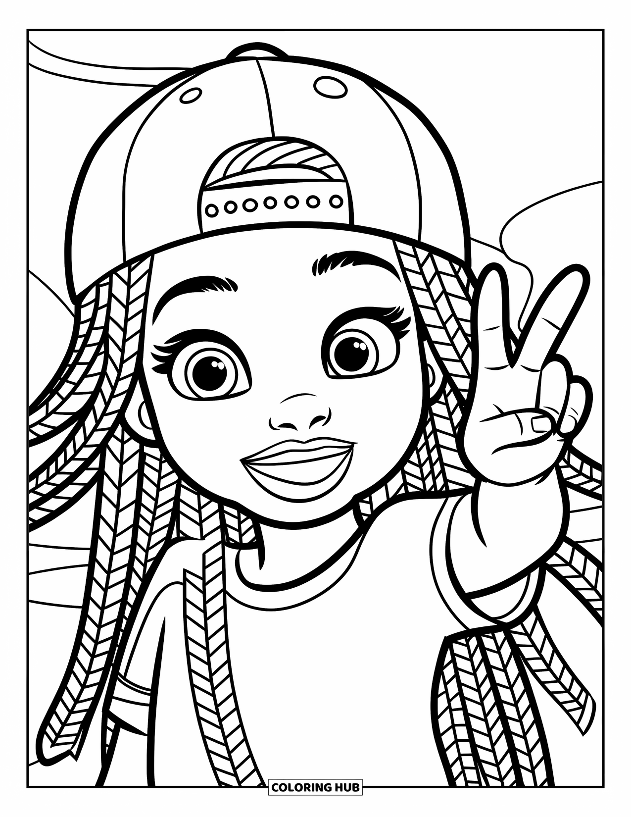 Gangsta Black Girl Coloring Page for Kids: Happy girl with braids and cap smiling brightly with a peace sign