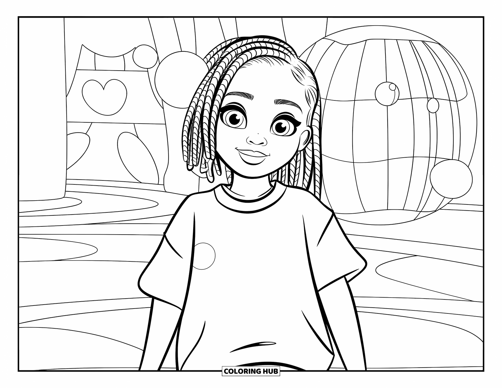 Gangsta Black Girl Coloring Page for Kids: Happy girl with bubblegum in a fun setting full of cheerful shapes
