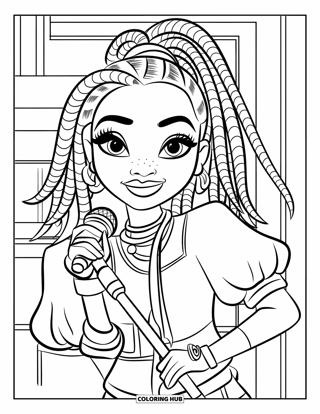 Gangsta Black Girl Coloring Page for Kids: Happy girl with puff sleeves and microphone showing off her style