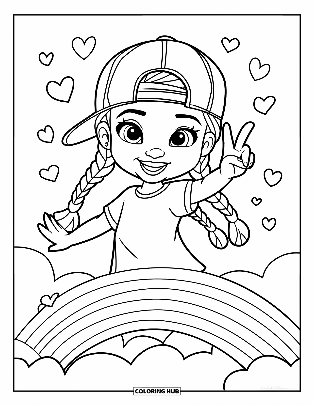 Gangsta Black Girl Coloring Page for Kids: Joyful girl with braids and cap flashing a peace sign on a cloud