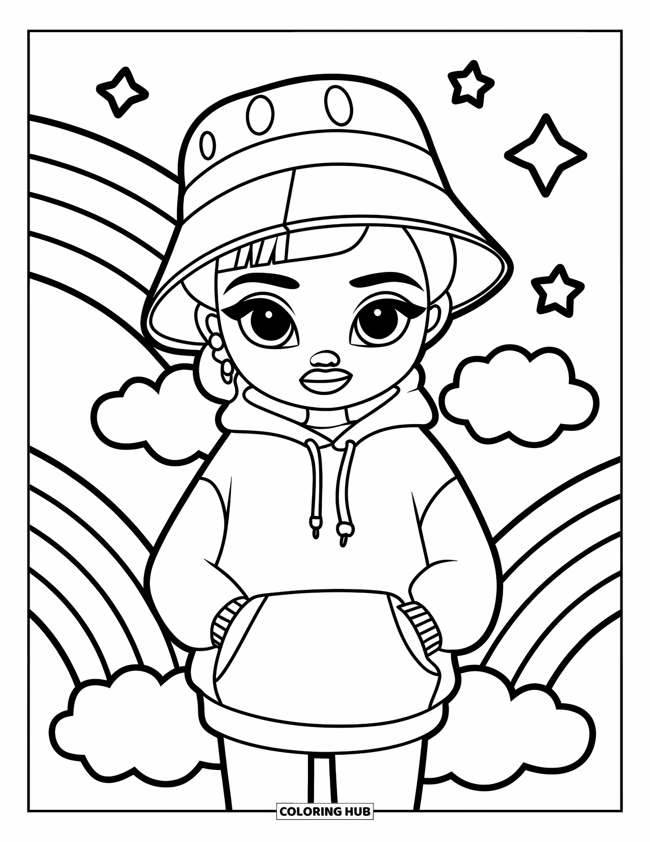 Gangsta Black Girl Coloring Page for Kids: Playful girl in a bucket hat and hoodie standing on a cloud with rainbows