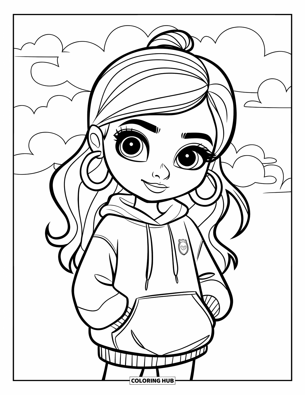 Gangsta Black Girl Coloring Page for Kids: Smiling girl in hoodie with wavy hair standing on a cloudy scene