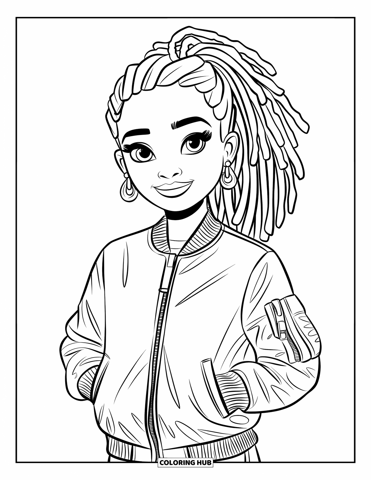 Gangsta Black Girl Coloring Page for Kids: Smiling girl with dreadlocks, bomber jacket, and big earrings