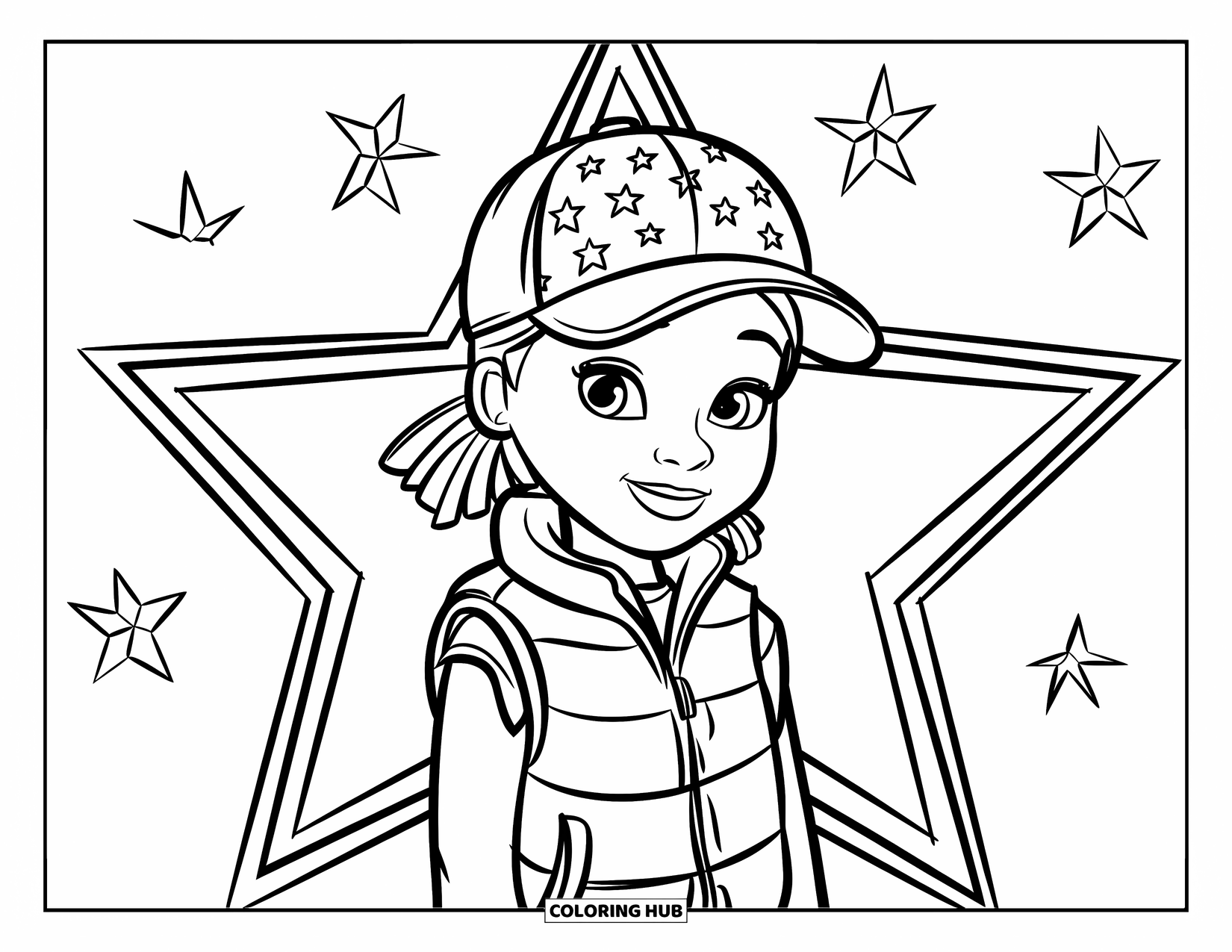Gangsta Black Girl Coloring Page for Kids: Starry-capped girl smiling in her puffer vest under the night sky