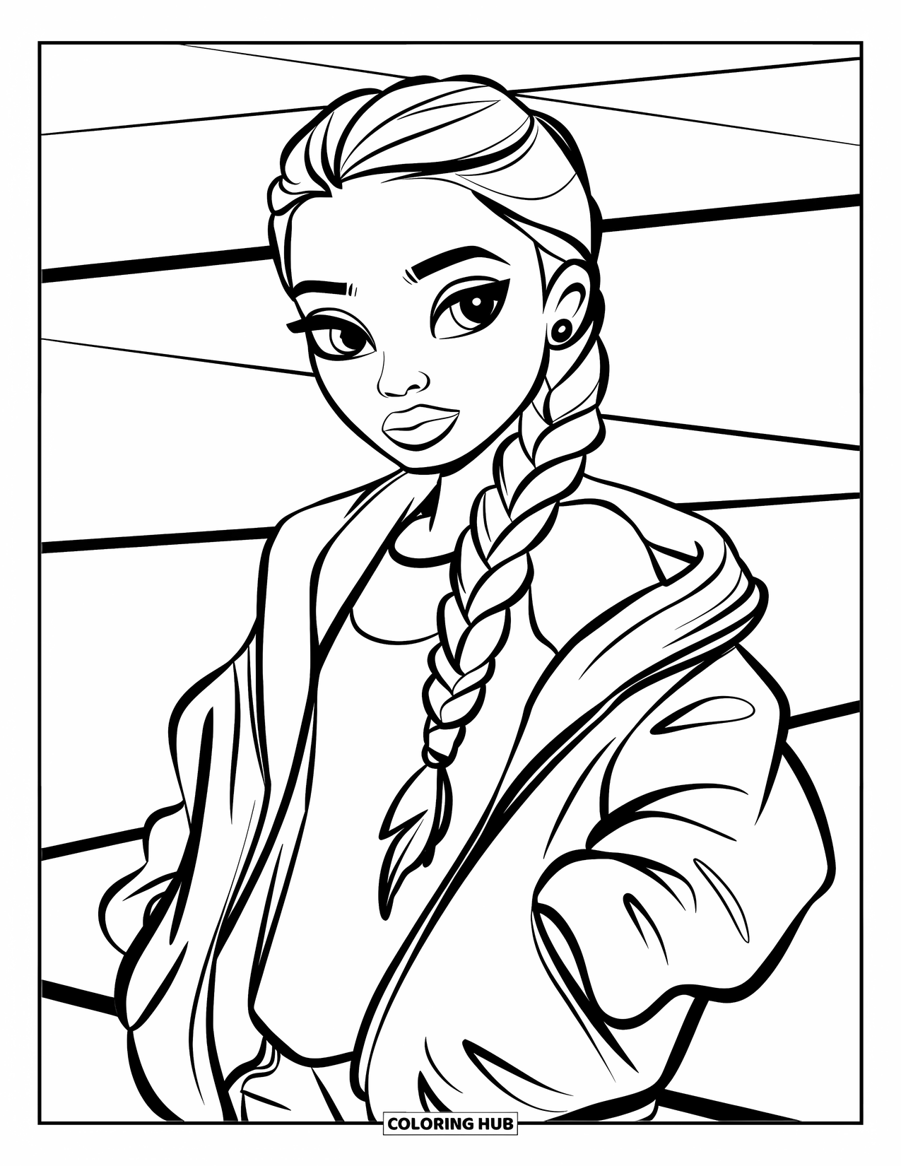 Gangsta Black Girl Coloring Page for Kids: Stylish girl with long braid and jacket standing proudly