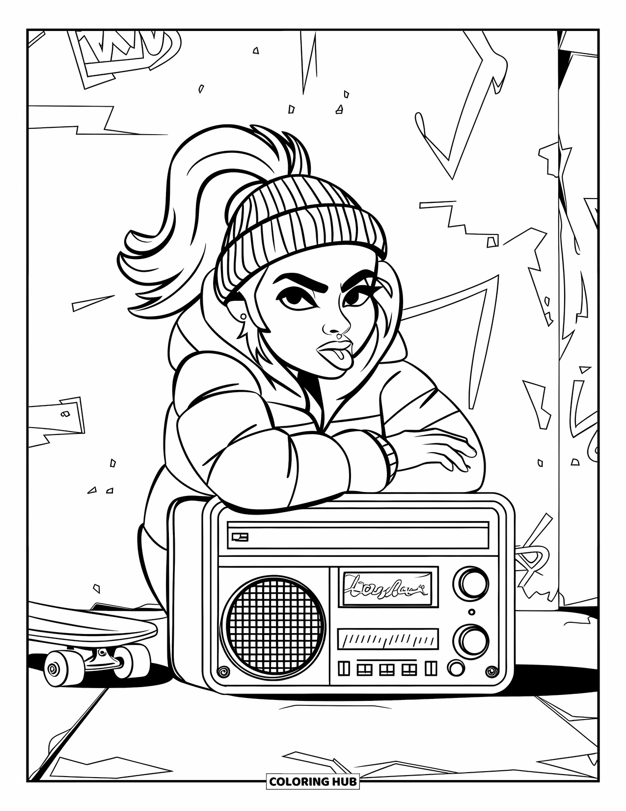 Gangsta Black Girl Coloring Page for Kids: Teen in a puffer coat and beanie chilling by a stereo and skateboard
