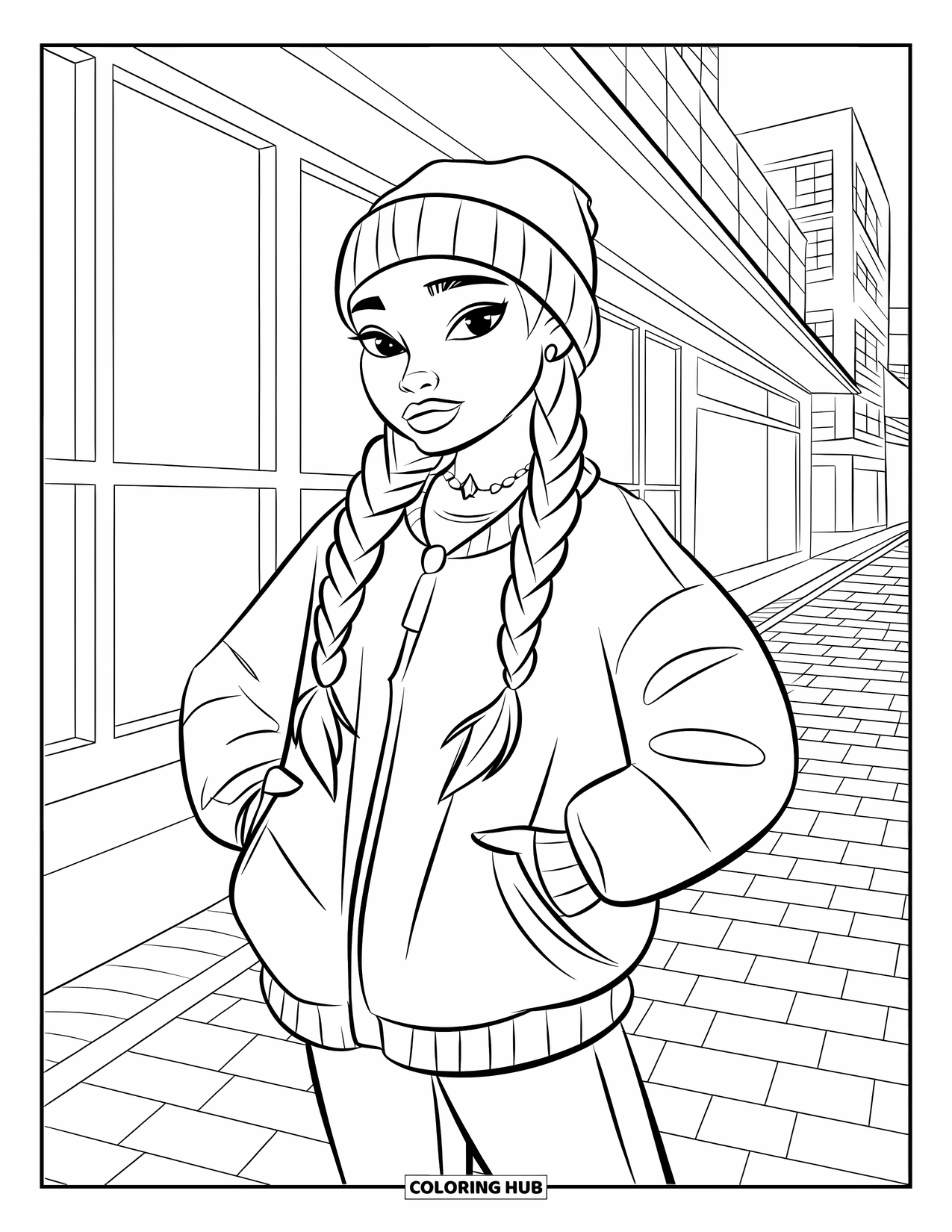 Gangsta Black Girl Coloring Page for Kids: Urban girl in oversized jacket and beanie posing by tall city buildings