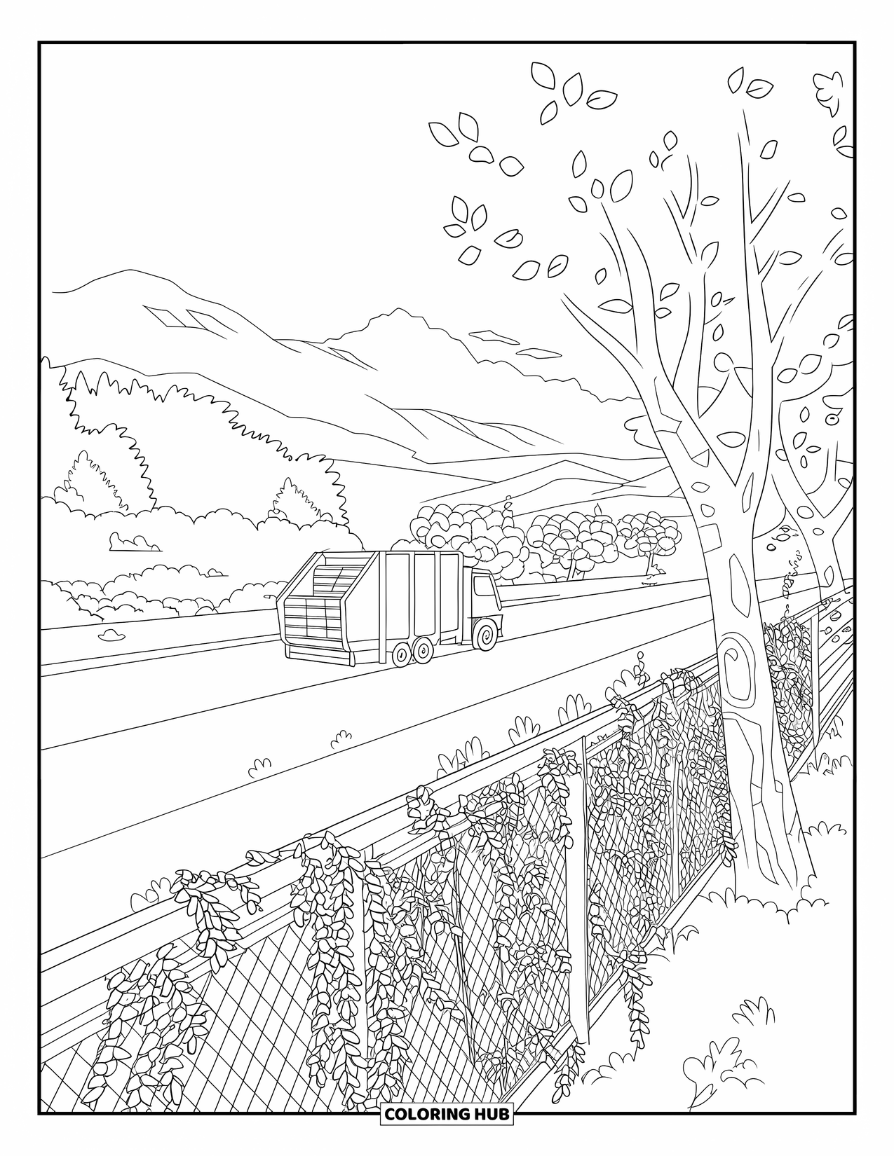 Garbage Truck Coloring Page for Adults: A garbage truck near a riverside with plants, mountains, and a peaceful landscape