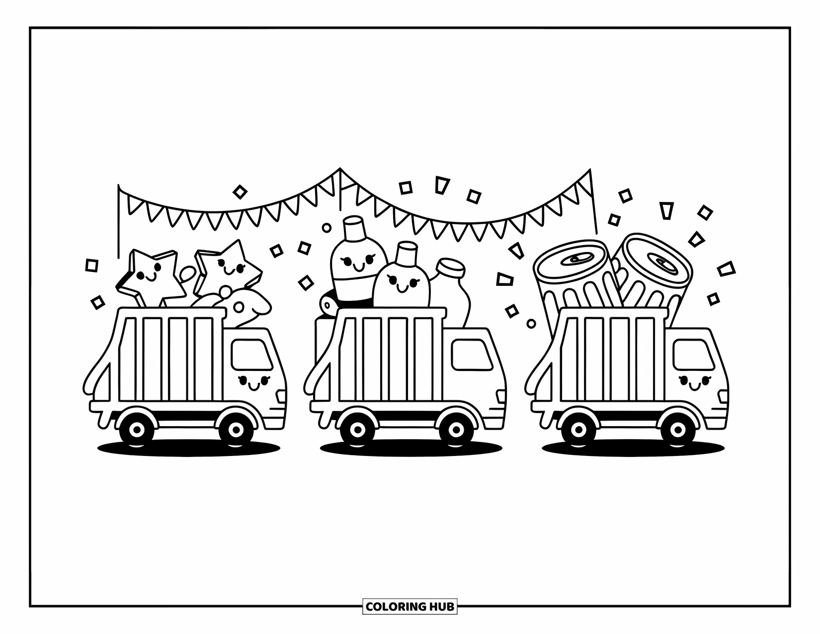 Garbage Truck Coloring Page for Adults: Adorable truck parade with stars, bottles, cans, and festive confetti above