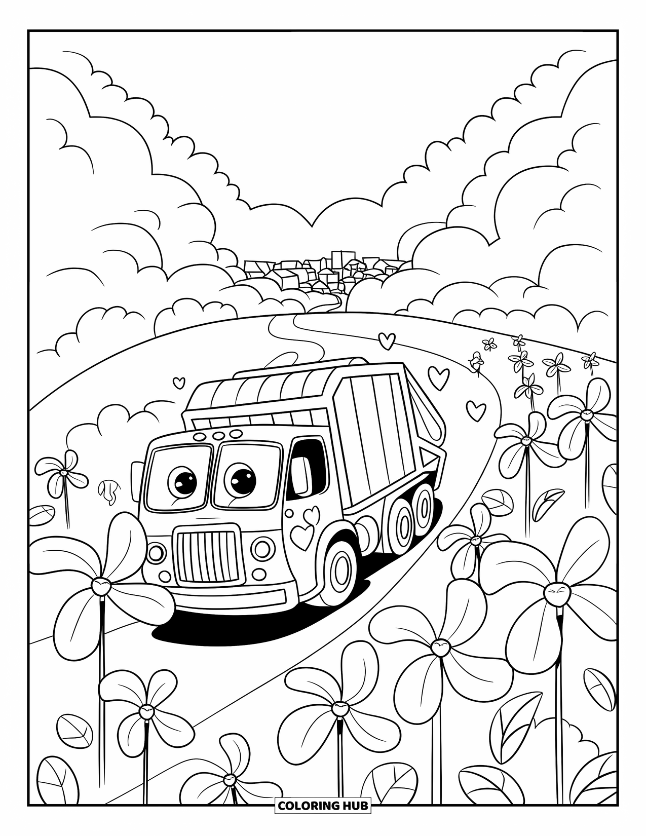 Garbage Truck Coloring Page for Adults: Cheerful truck on a breezy hilltop with pinwheels and a heart path to town