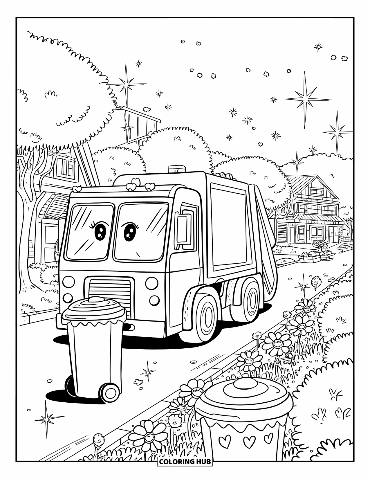 Garbage Truck Coloring Page for Adults: Cute truck collects heart bins on a village street with flowers and sparkles