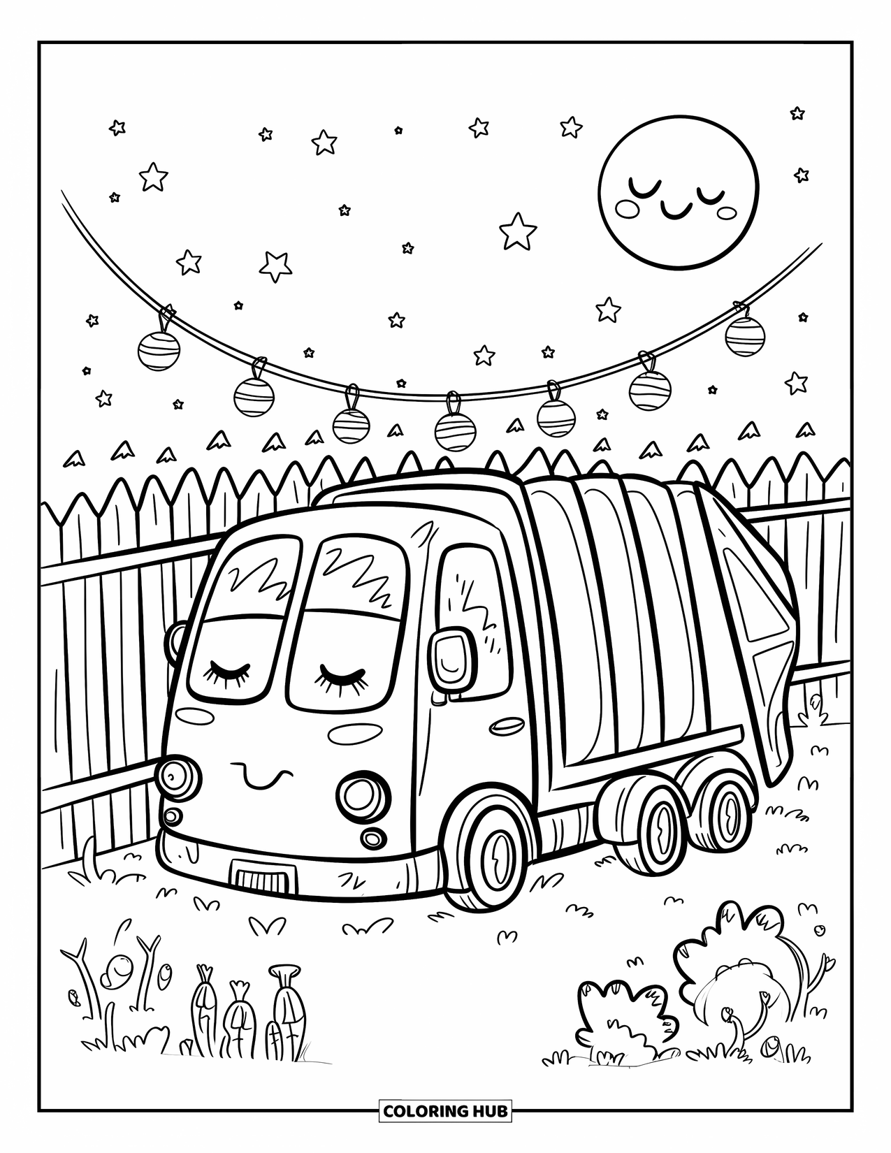 Garbage Truck Coloring Page for Adults: Cute truck naps under a smiling moon, with lanterns and tiny forest watchers