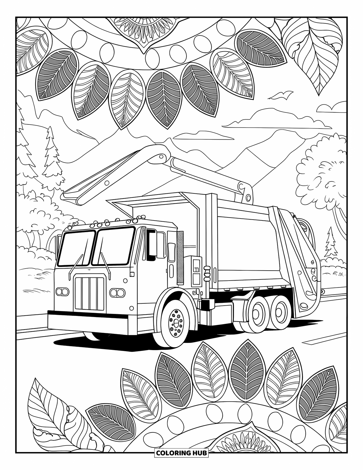 Garbage Truck Coloring Page for Adults: Detailed truck with a crane arm among mandala leaves, near mountains and water