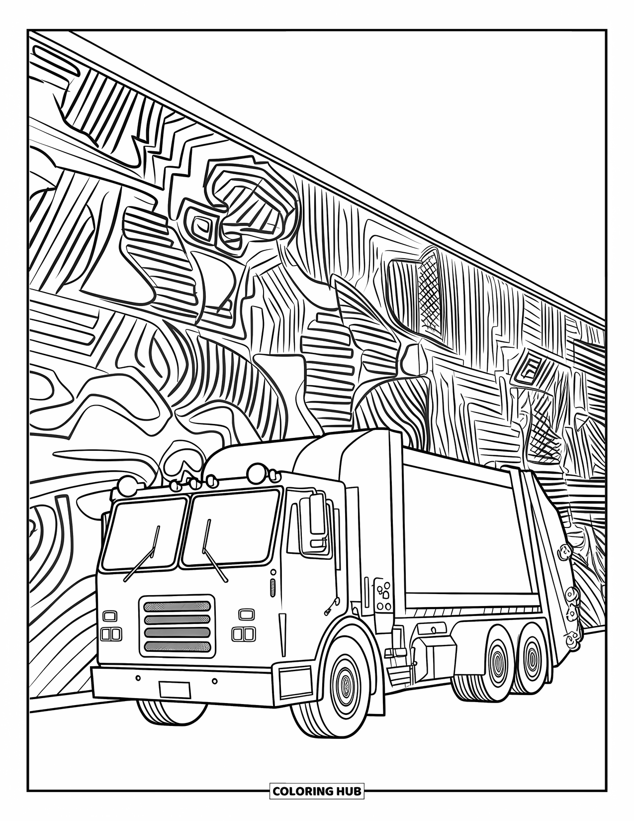 Garbage Truck Coloring Page for Adults: Garbage truck in front of a patterned wall with abstract lines and shapes