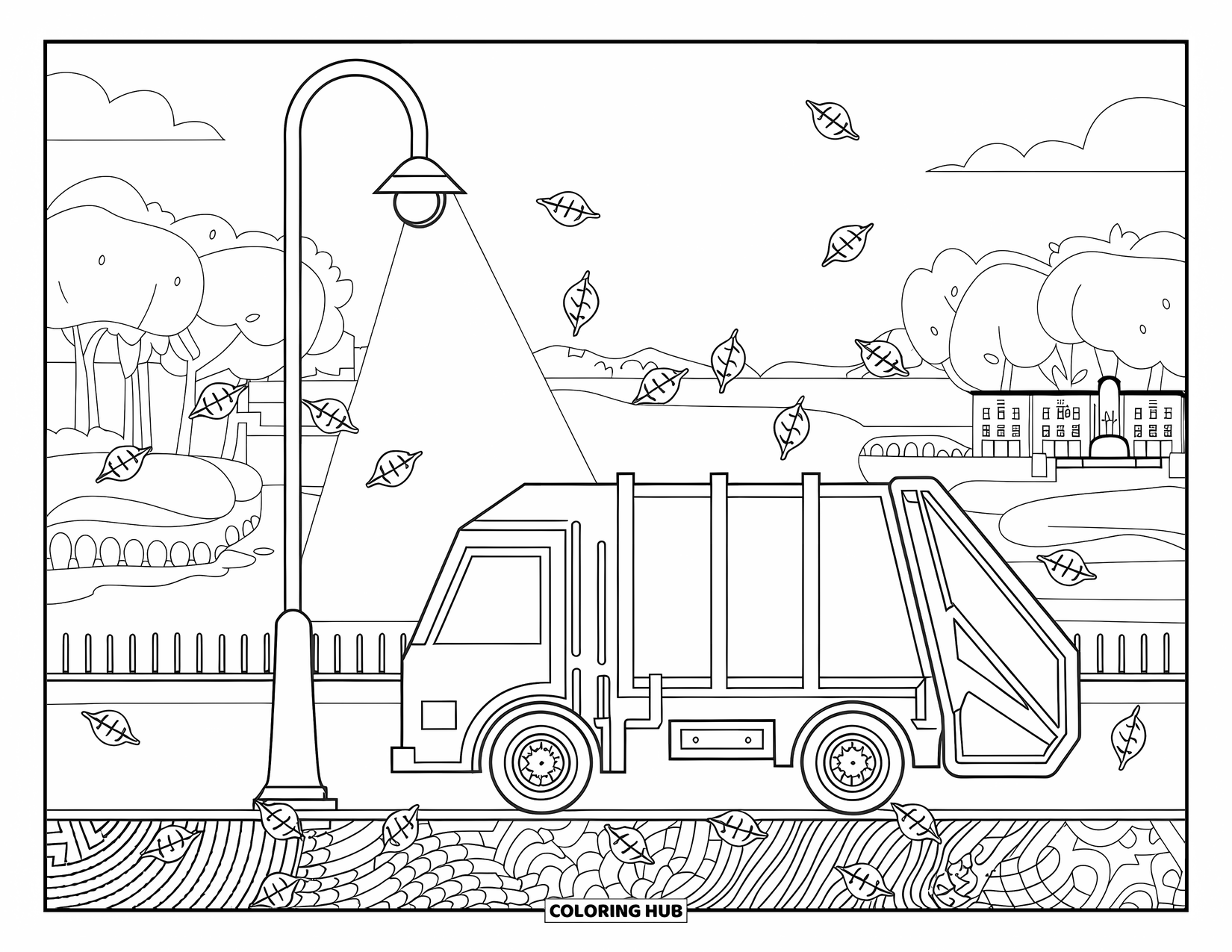 Garbage Truck Coloring Page for Adults: Garbage truck near trees and a bridge with a peaceful textured landscape