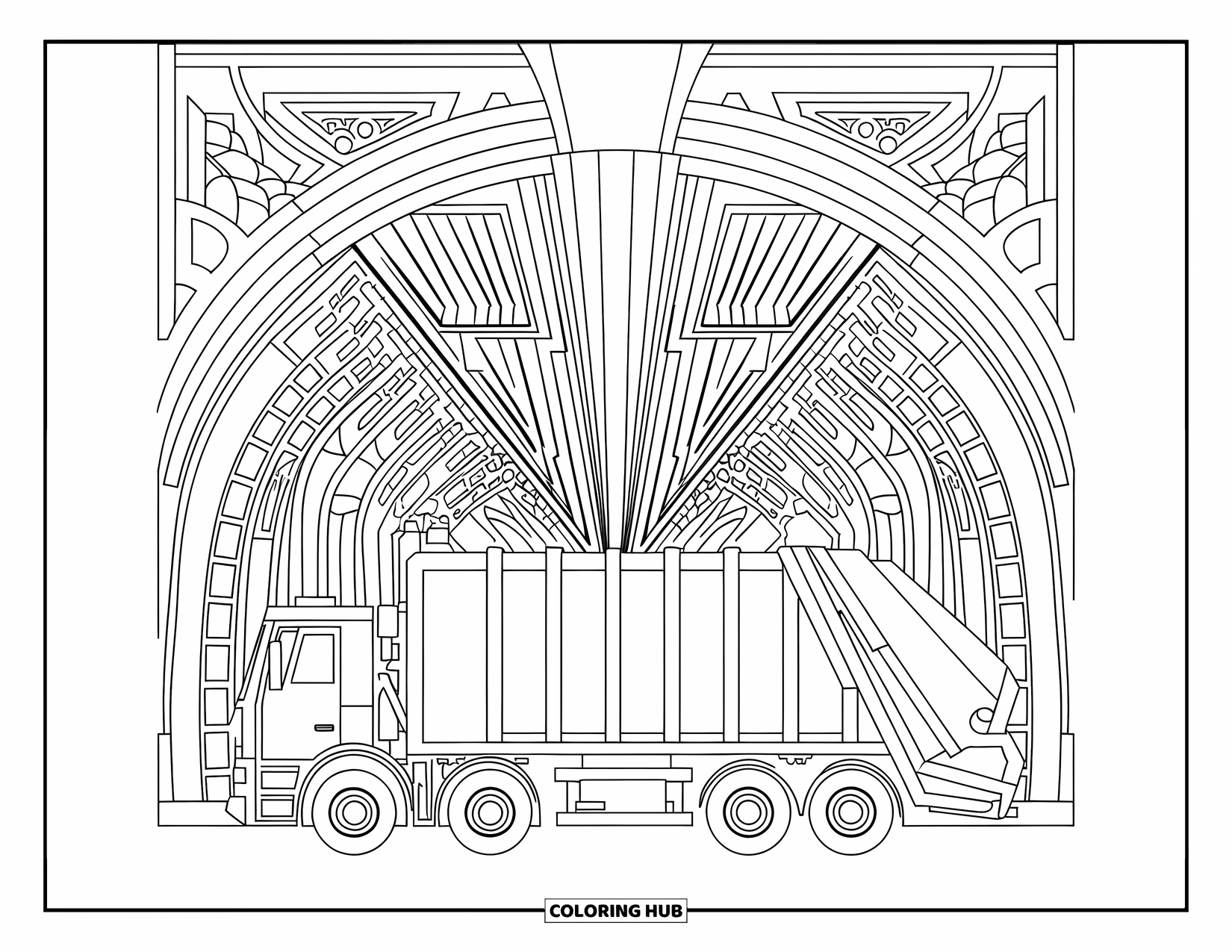 Garbage Truck Coloring Page for Adults: Garbage truck parked beneath a detailed industrial bridge with artistic structures