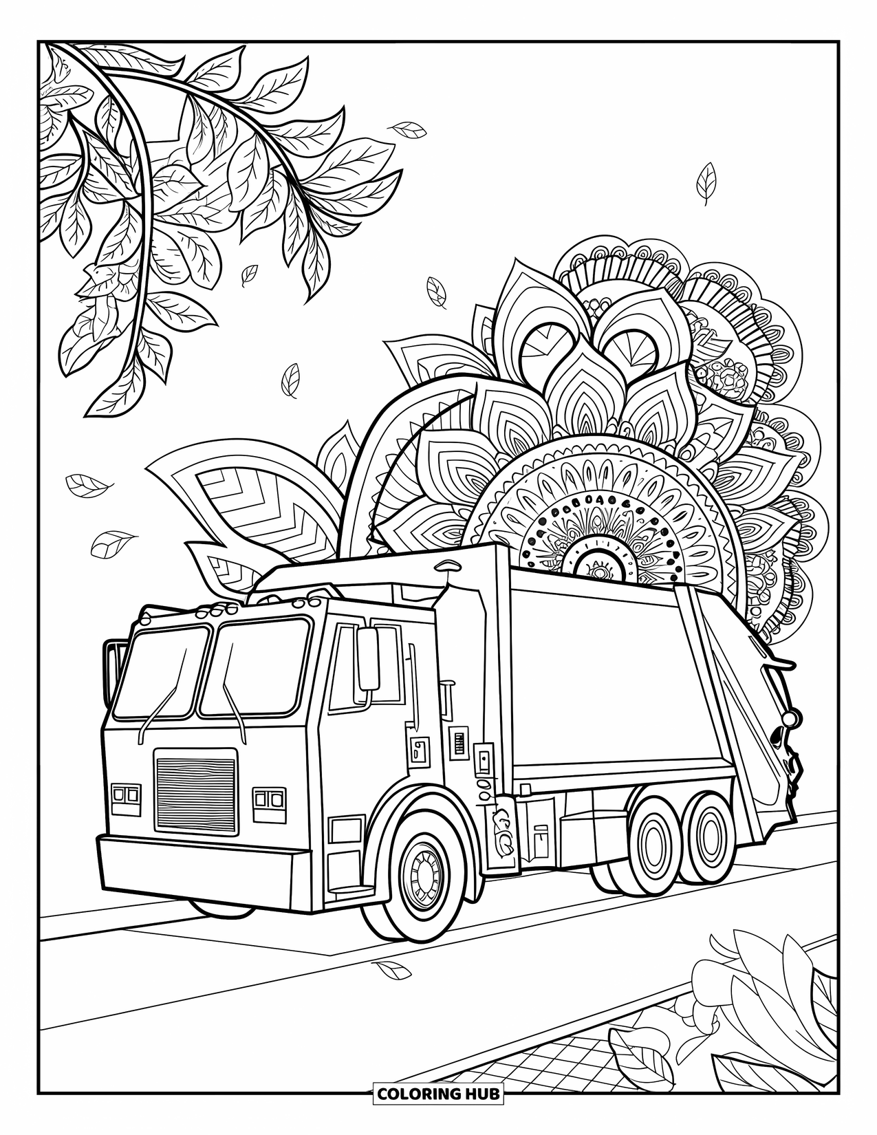 Garbage Truck Coloring Page for Adults: Garbage truck with crane arm and mandala leaves parked on a tree-lined paved street