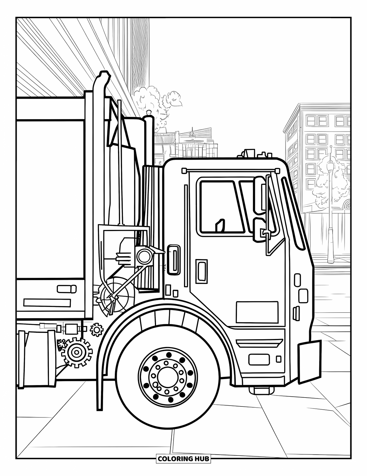 Garbage Truck Coloring Page for Adults: Garbage truck with exposed parts on a city street with buildings and lampposts
