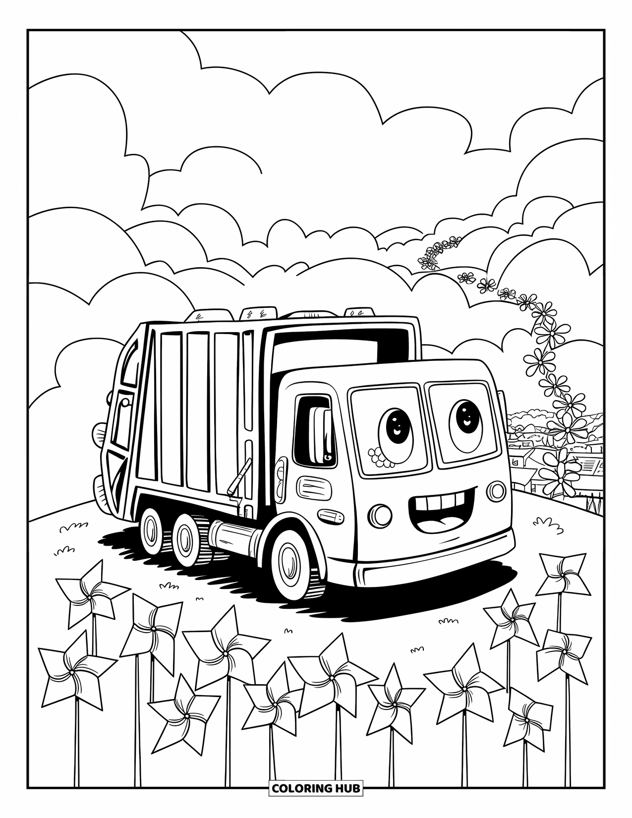 Garbage Truck Coloring Page for Adults: Happy truck on a hilltop with pinwheels and a breeze-filled heart path