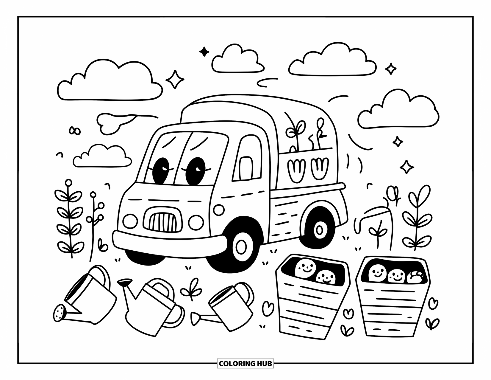 Garbage Truck Coloring Page for Adults: Playful truck near a compost garden with smiling worms and watering cans