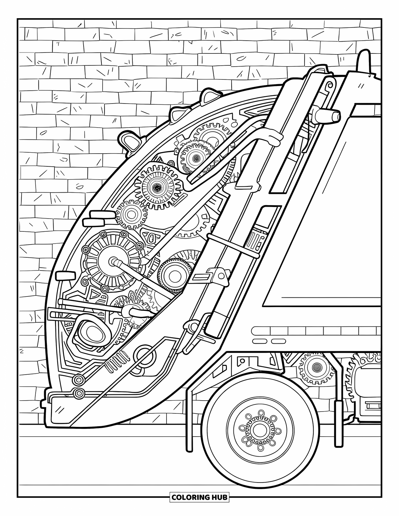 Garbage Truck Coloring Page for Adults: Side view of a garbage truck showing exposed gears, pipes, and a brick wall