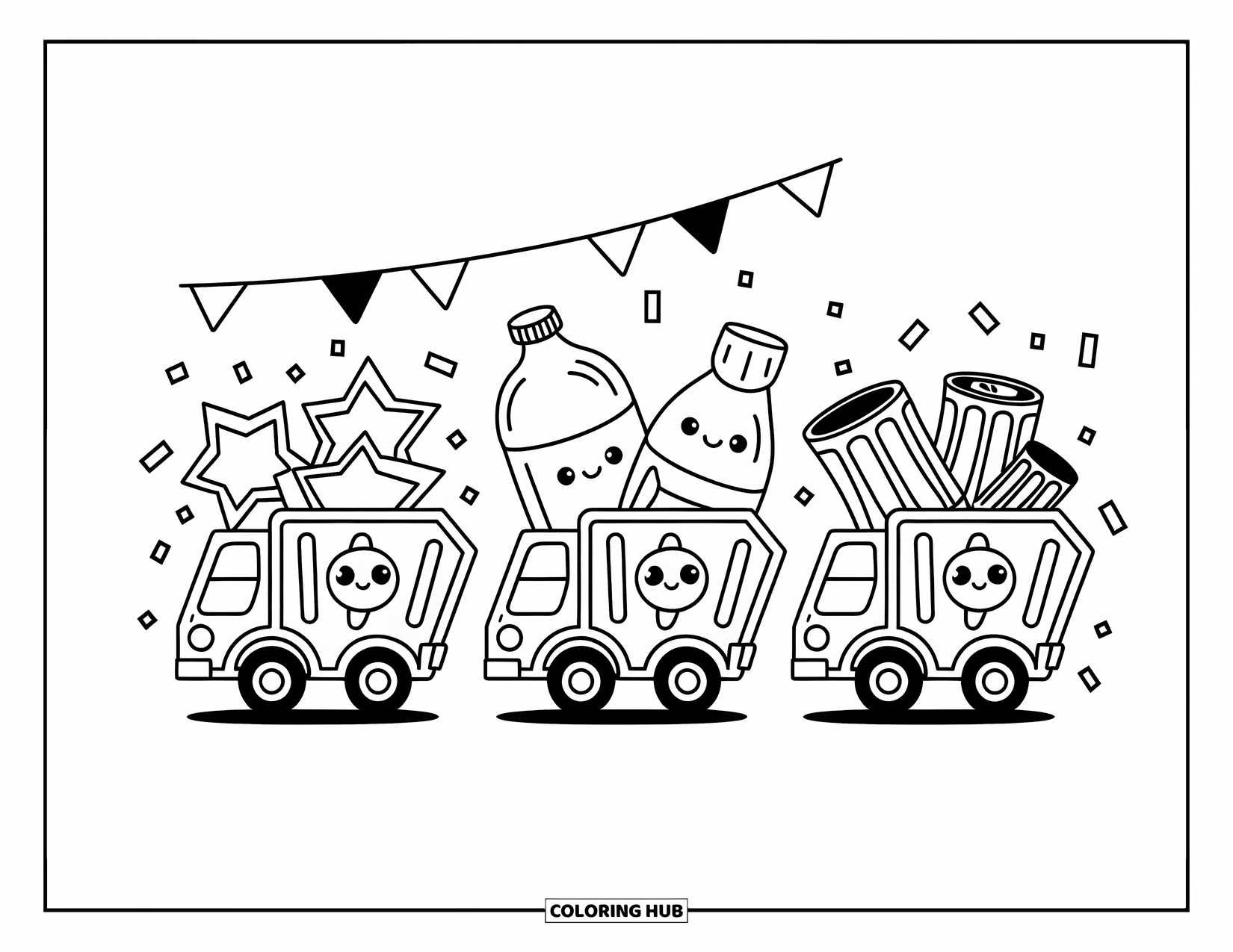 Garbage Truck Coloring Page for Adults: Three tiny trucks carry cute items beneath flags in a cheerful parade scene